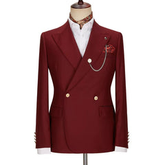 Peaked Lapel Double Breasted Burgundy Prom Suits