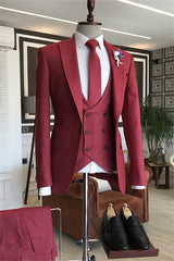 Peaked Lapel Three Pieces Burgundy Prom Suits