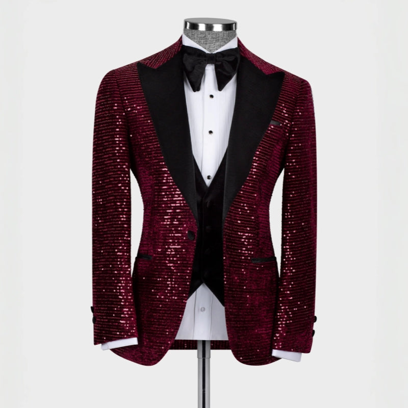 Peaked Lapel Three Pieces Sequins Burgundy Prom Suits