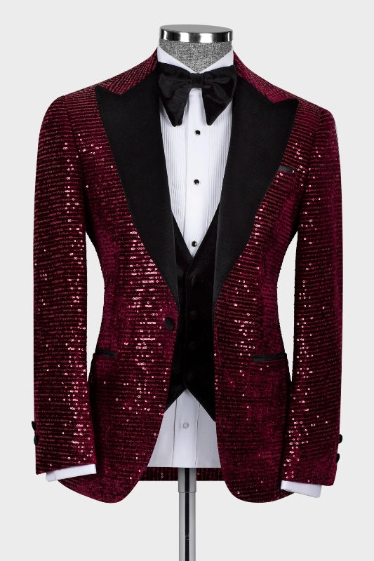 Peaked Lapel Three Pieces Sequins Burgundy Prom Suits