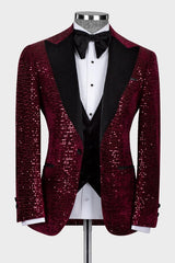Peaked Lapel Three Pieces Sequins Burgundy Prom Suits