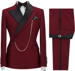 Burgundy Peaked Lapel Two Pieces Slim Fit Suits For Prom