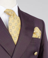 Plaid Double Breasted Best Fitted Men Burgundy Business Suits