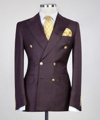 Plaid Double Breasted Best Fitted Men Burgundy Business Suits
