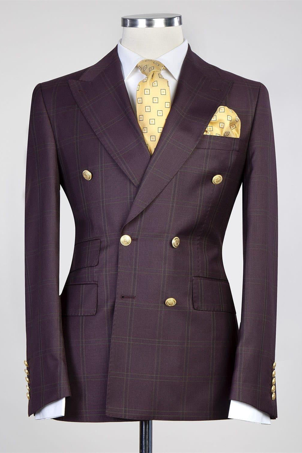 Plaid Double Breasted Best Fitted Men Burgundy Business Suits