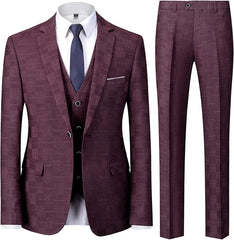 Plaid Notched Lapel Three Pieces Burgundy Prom Suits For Men