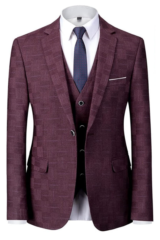 Plaid Notched Lapel Three Pieces Burgundy Prom Suits For Men