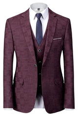 Plaid Notched Lapel Three Pieces Burgundy Prom Suits For Men