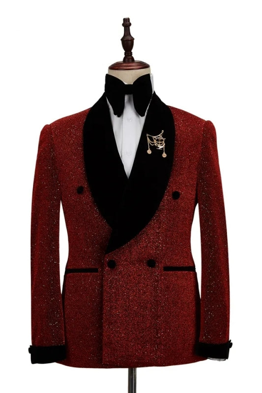 Sequins Double Breasted Burgundy Wedding Suits With Black Velvet Lapel