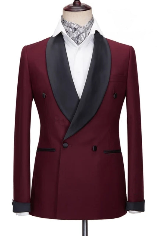 Shawl Lapel Double Breasted Burgundy Wedding Suits