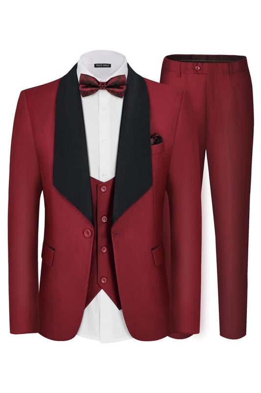 Burgundy Shawl Lapel Three Pieces Men Suits For Prom