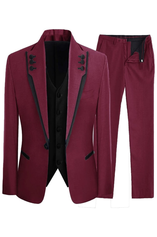 Shawl Lapel Three Pieces New Arrival Burgundy Prom Suits