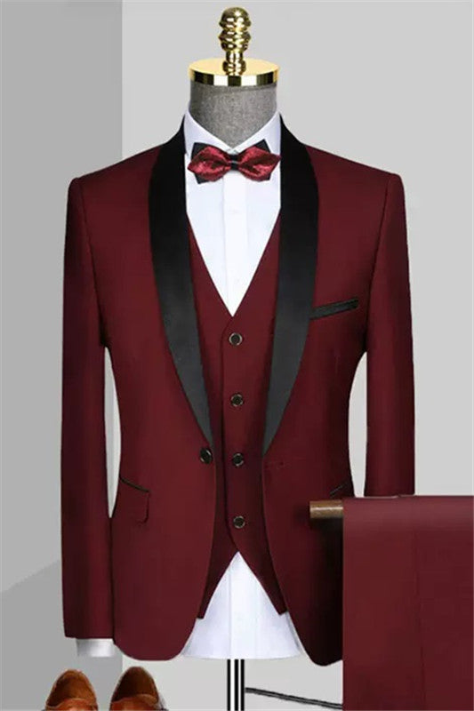 Shawl Lapel Three Pieces Burgundy Wedding Suits For Men