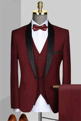 Shawl Lapel Three Pieces Burgundy Wedding Suits For Men