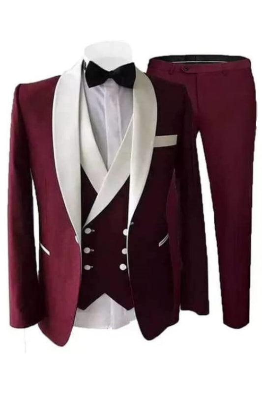 Shawl Lapel Three Pieces Burgundy Wedding Suits