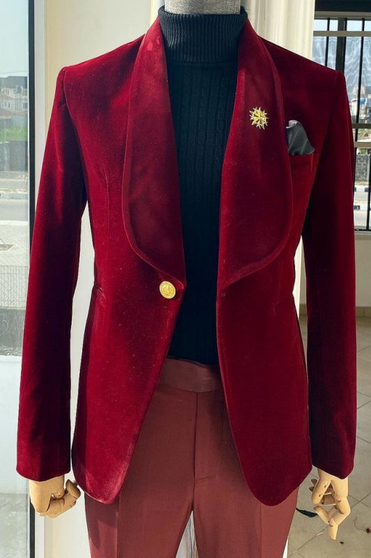 Shawl Lapel Two Pieces Slime Fit Velvet Burgundy Wedding Suits