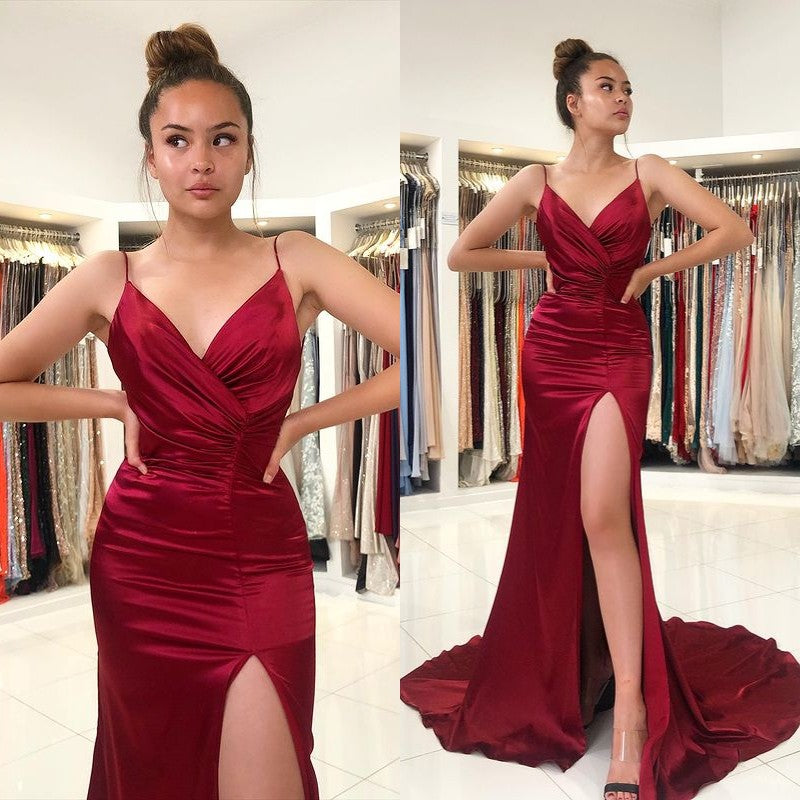 Burgundy Sleeveless Pleated Prom Dress Spaghetti Strap With Front Split