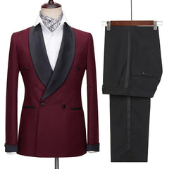 Slim Burgundy Wedding Suits With Black Shawl Lapel