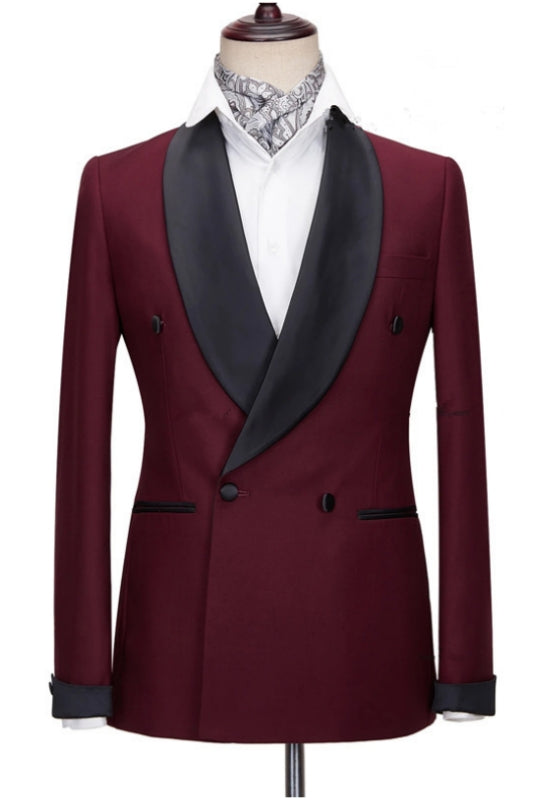 Slim Burgundy Wedding Suits With Black Shawl Lapel
