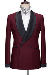 Slim Burgundy Wedding Suits With Black Shawl Lapel