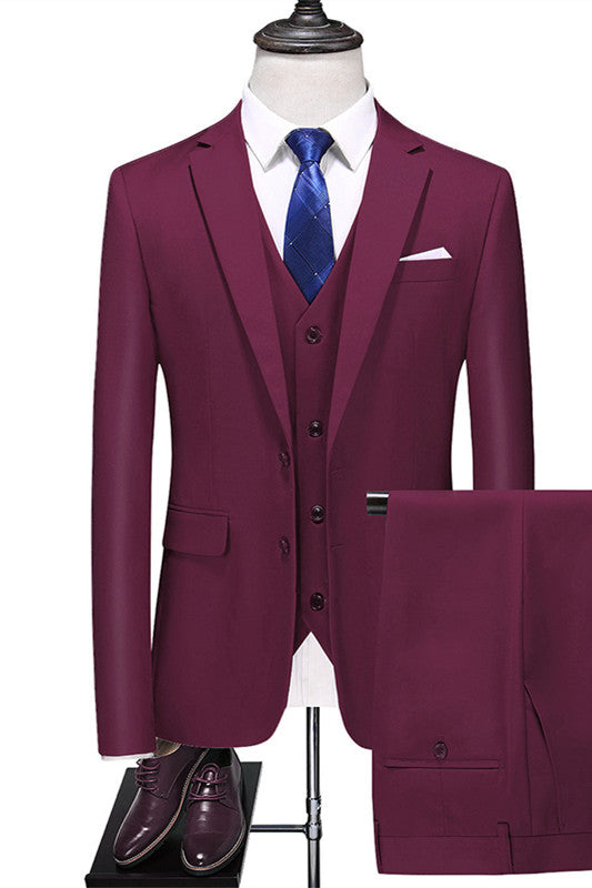 Three Pieces Close Fitting Notched Lapel Men Burgundy Prom Suits