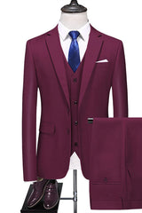 Three Pieces Close Fitting Notched Lapel Men Burgundy Prom Suits