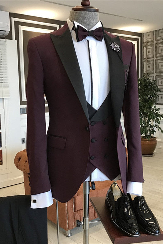Three Pieces Glamorous Burgundy Prom Suits With Black Peaked Lapel