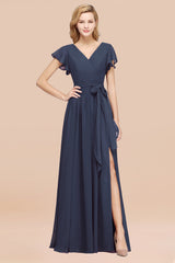 Burgundy V-Neck Long Bridesmaid Dress With Short-Sleeves-27dress