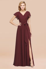 Burgundy V-Neck Long Bridesmaid Dress With Short-Sleeves-27dress