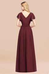 Burgundy V-Neck Long Bridesmaid Dress With Short-Sleeves-27dress