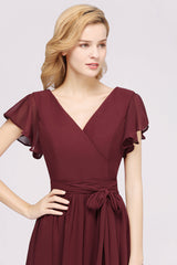 Burgundy V-Neck Long Bridesmaid Dress With Short-Sleeves-27dress