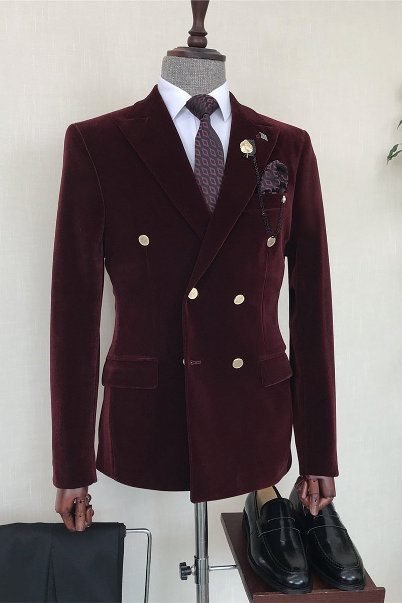 Burgundy Velvet Double Breasted Chic Men's Formal Suits with Black Pants