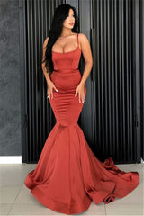 Burnt Spaghetti Strap Sleeveless Orange Mermaid Prom Dress Long With Pleated