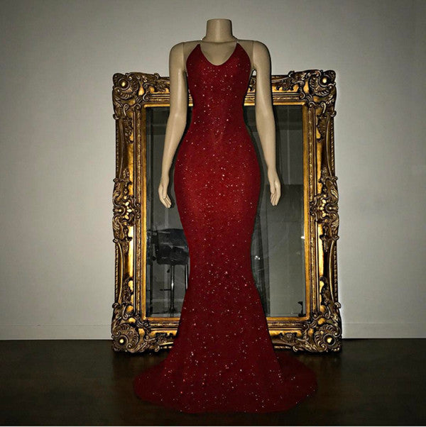 Elegant Halter V-Neck Mermaid Evening Dress with Sequins