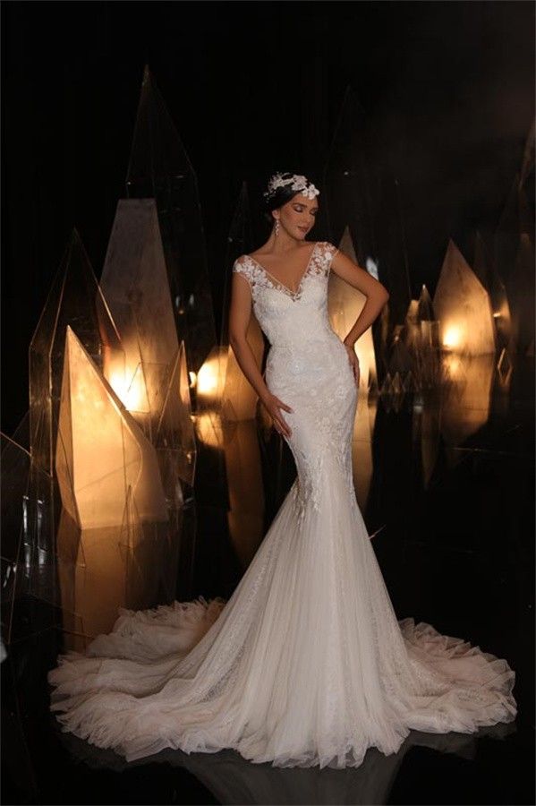 Cap Sleeveless Wedding Dress Mermaid Lace V-Neck-27dress