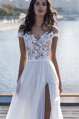 Cap Sleeves Appliques Wedding Dress Long With Split-27dress