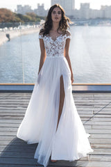 Cap Sleeves Appliques Wedding Dress Long With Split-27dress