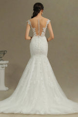 Cap Sleeves Lace Mermaid Long Wedding Dress-27dress