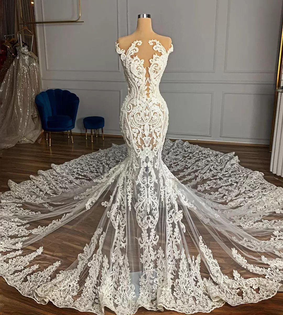 Cap Sleeves Lace Wedding Dress Mermaid Long On Sale-27dress