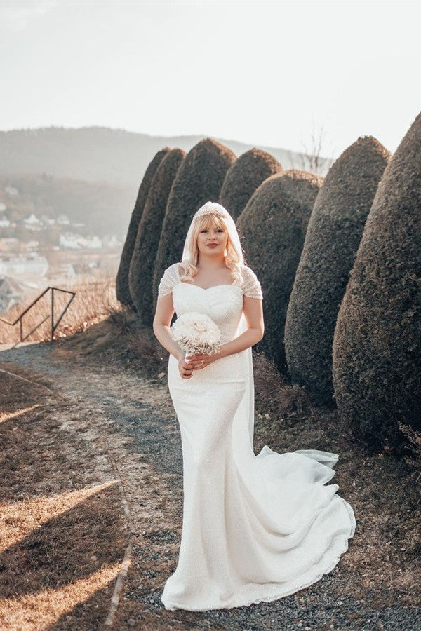 Cap Sleeves Sequins Wedding Dress Mermaid Long-27dress