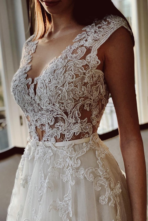 Cap Sleeves Tulle Wedding Dress Open Back With Appliques Long-27dress