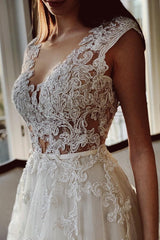 Cap Sleeves Tulle Wedding Dress Open Back With Appliques Long-27dress