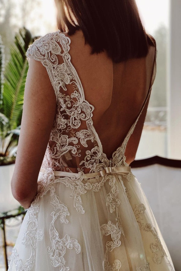 Cap Sleeves Tulle Wedding Dress Open Back With Appliques Long-27dress