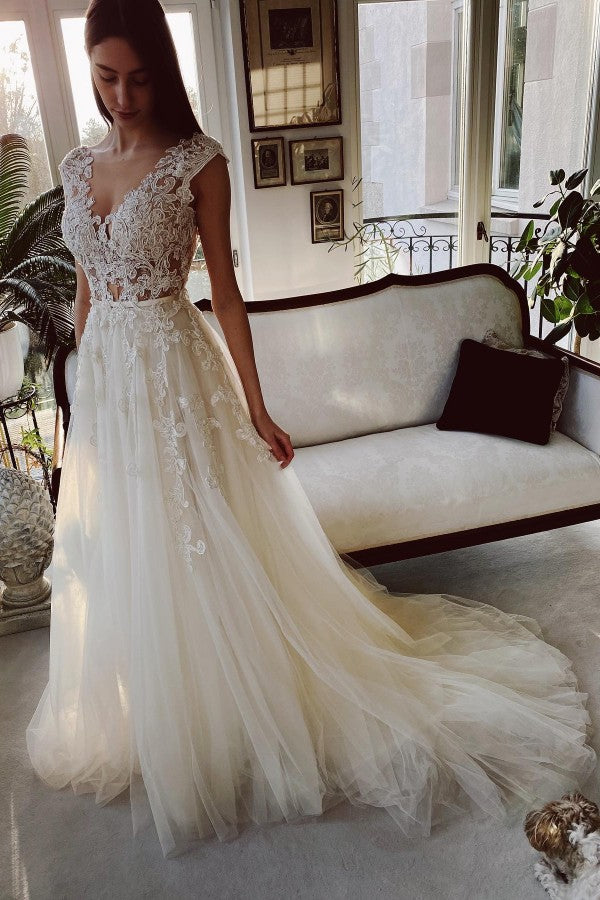 Load image into Gallery viewer, Cap Sleeves Tulle Wedding Dress Open Back With Appliques Long-27dress
