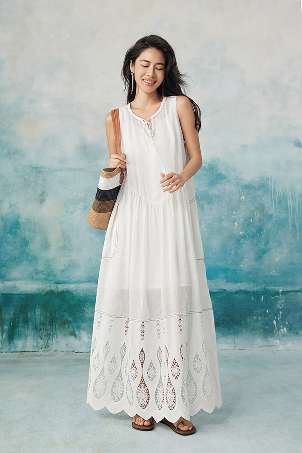 27Dress Casual White Crew Neck Sleeveless A-line Dress