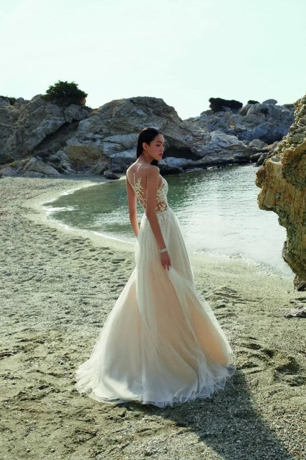 Champagne Beach Wedding Dress Tulle Long With Lace-27dress