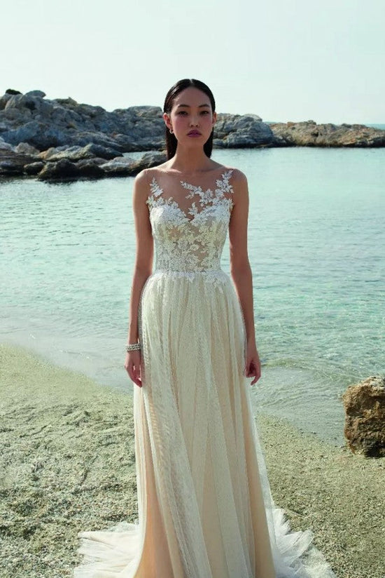 Champagne Beach Wedding Dress Tulle Long With Lace-27dress