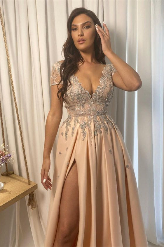 Champagne Lace V Neck Appliques With High Split Long Prom Dress