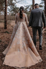 Champagne Long Sleeves Wedding Dress Ball Gown With Appliques-27dress