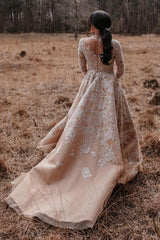 Champagne Long Sleeves Wedding Dress Ball Gown With Appliques-27dress